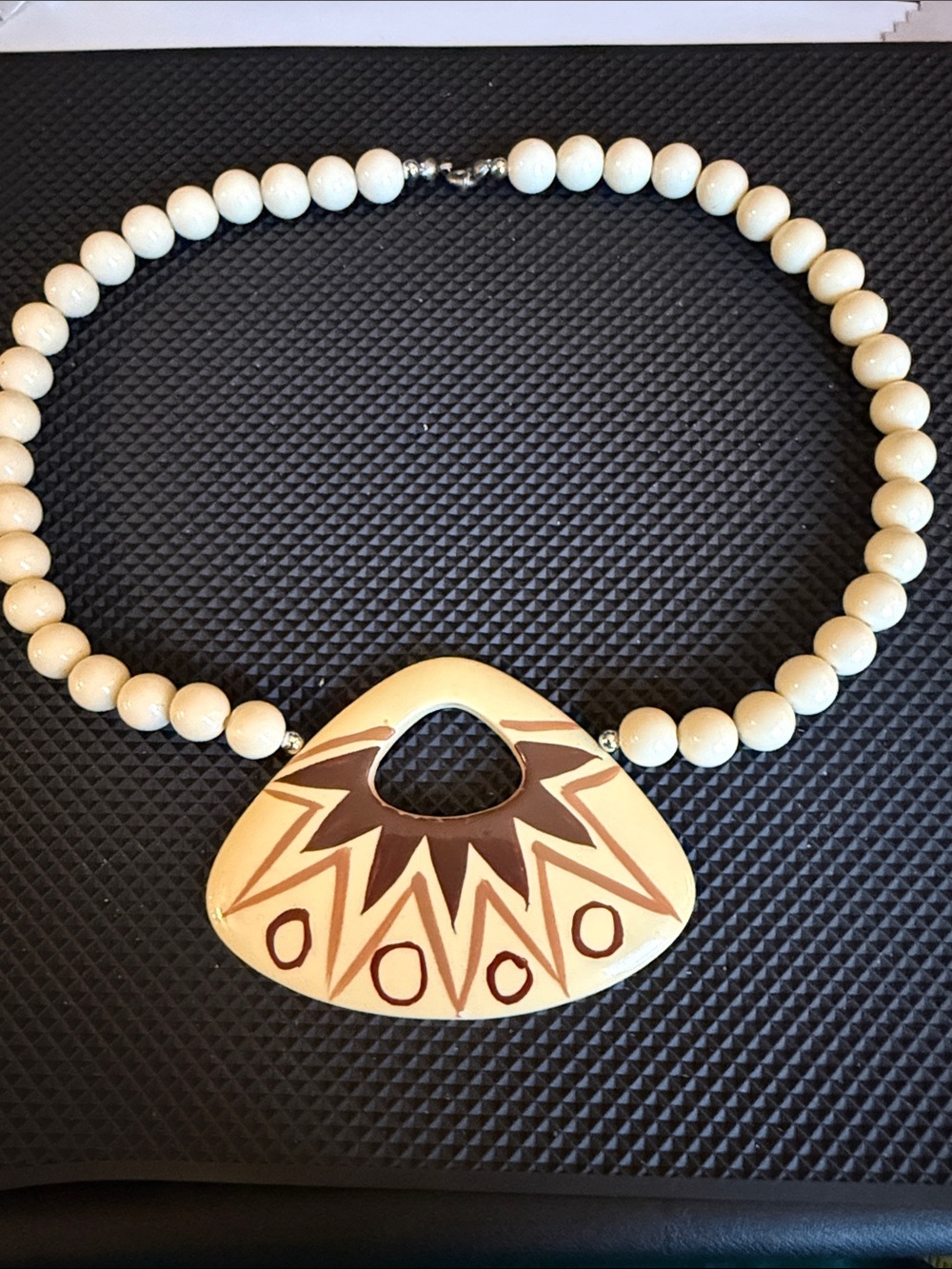Cream Beaded Statement Necklace with Geometric Pendant